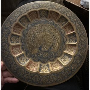 Vintage Brass Peacock Plate Metal Tray Enameled Etched Wall Hanging Decorative